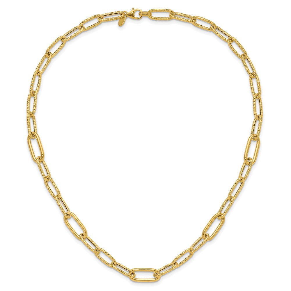 14K Yellow Gold Polished And Textured Fancy Paperclip Link Necklace