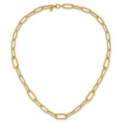 14K Yellow Gold Polished And Textured Fancy Paperclip Link Necklace