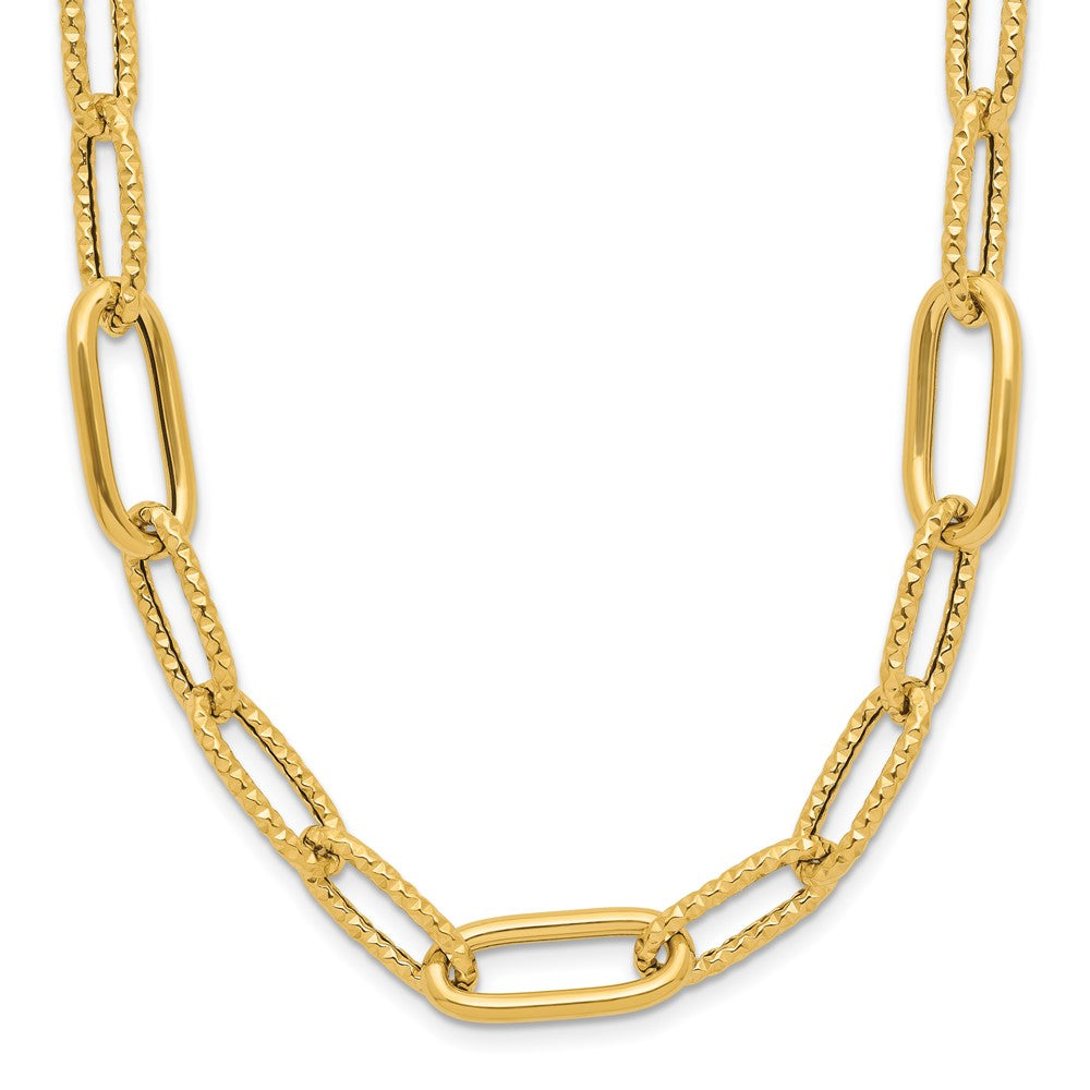 14K Yellow Gold Polished And Textured Fancy Paperclip Link Necklace