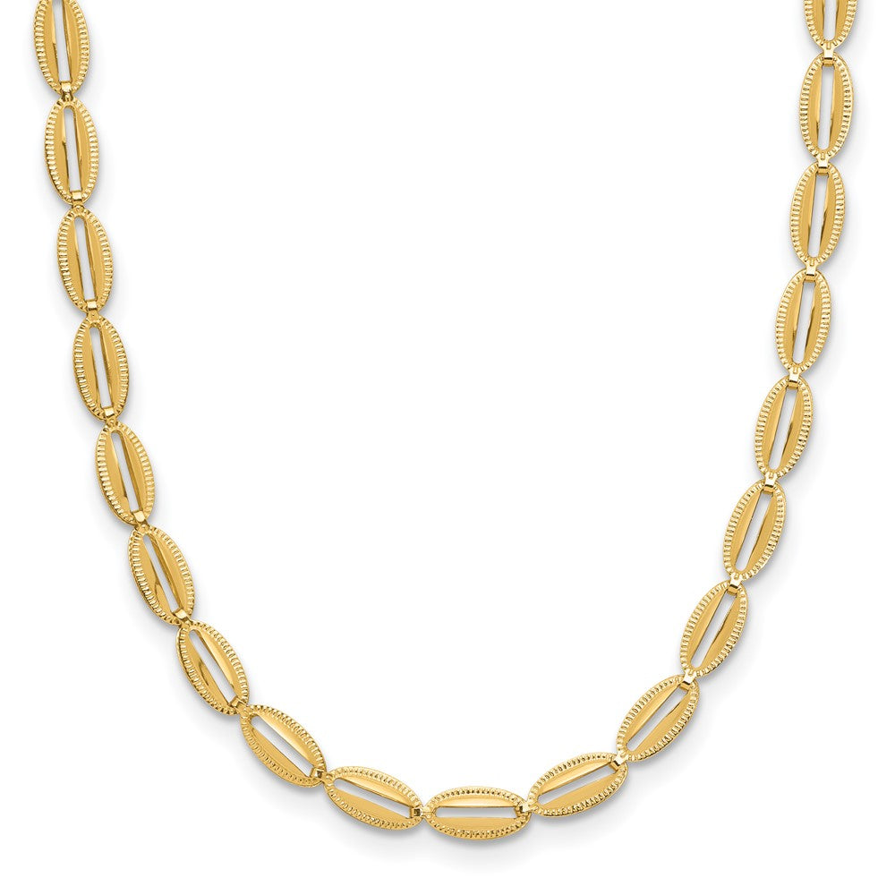 14K Yellow Gold Polished And Textured Fancy Oval Link Necklace