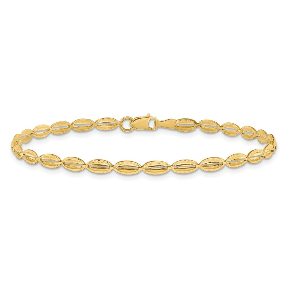 14K Yellow Gold Polished And Textured Fancy Oval Link Bracelet