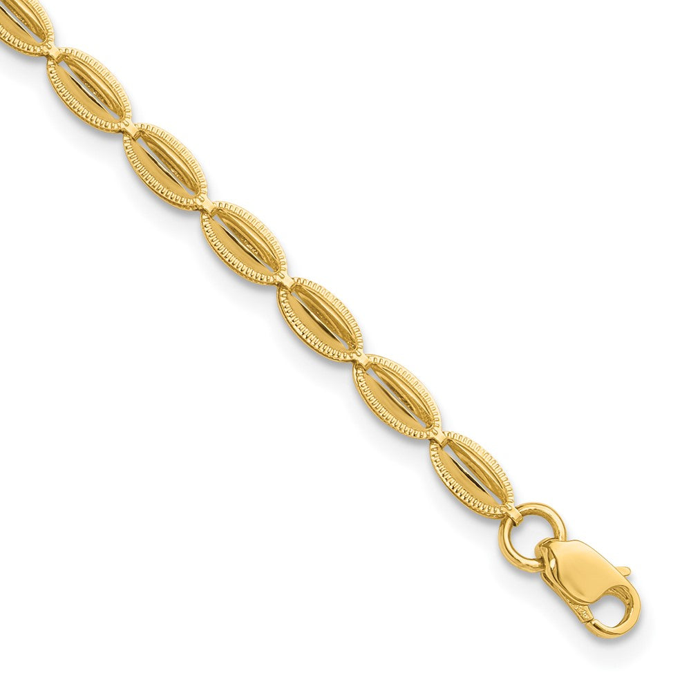 14K Yellow Gold Polished And Textured Fancy Oval Link Bracelet