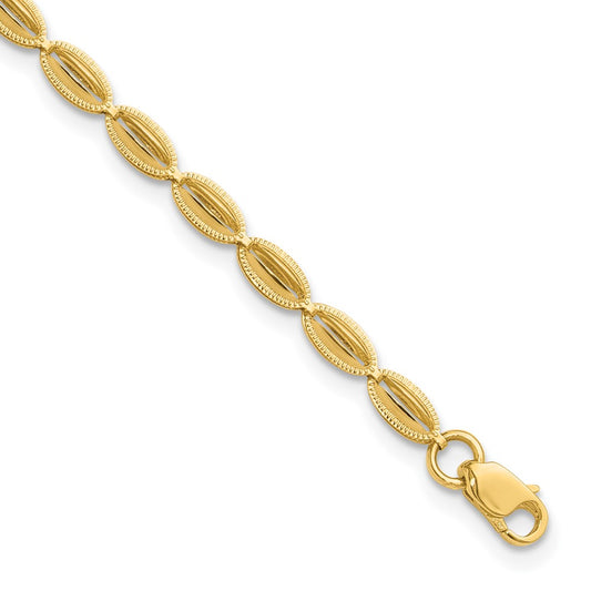 14K Yellow Gold Polished And Textured Fancy Oval Link Bracelet