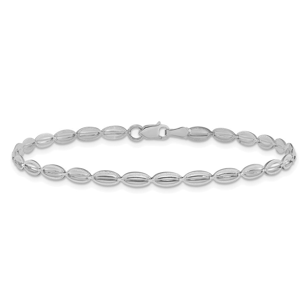 14K White Gold Polished / Textured Fancy Oval Link Bracelet