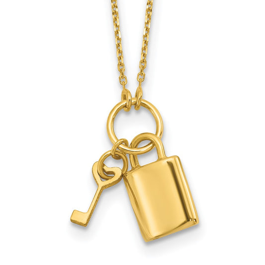 14K Yellow Gold Polished Lock And Key 16In With 2In Ext Necklace