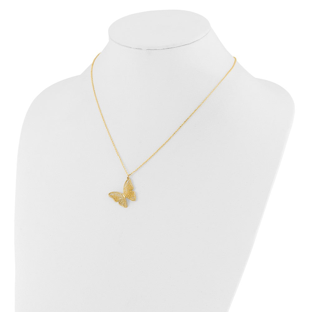 14K Yellow Gold Textured And Polished Butterfly 18In Necklace