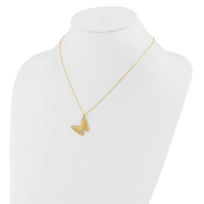 14K Yellow Gold Textured And Polished Butterfly 18In Necklace