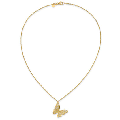 14K Yellow Gold Textured And Polished Butterfly 18In Necklace