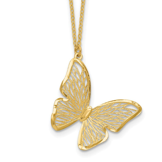 14K Yellow Gold Textured And Polished Butterfly 18In Necklace