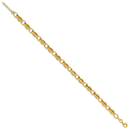 14K Yellow Gold Polished And Textured Fancy Link W/.5In Ext. Bracelet