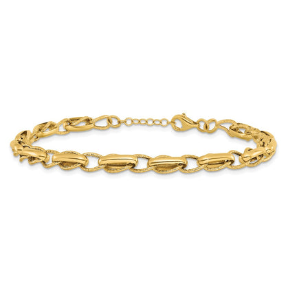 14K Yellow Gold Polished And Textured Fancy Link W/.5In Ext. Bracelet