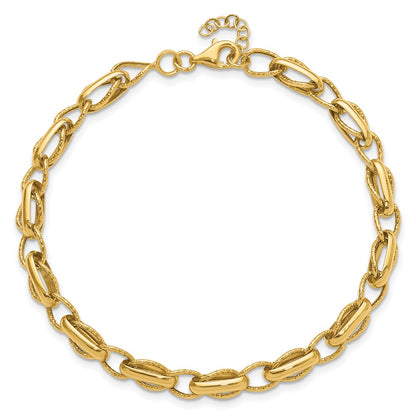 14K Yellow Gold Polished And Textured Fancy Link W/.5In Ext. Bracelet