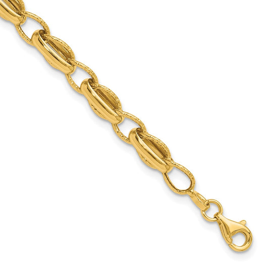 14K Yellow Gold Polished And Textured Fancy Link W/.5In Ext. Bracelet