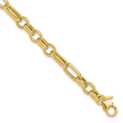 14K Yellow Gold Polished And Textured Fancy Link Bracelet