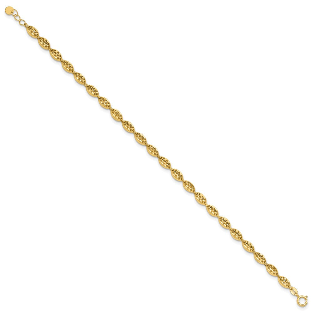 14K Yellow Gold Polished And D/C Fancy Oval Link W/.25In Ext. Bracelet