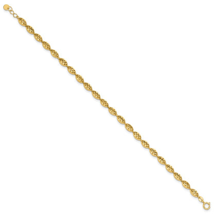 14K Yellow Gold Polished And D/C Fancy Oval Link W/.25In Ext. Bracelet