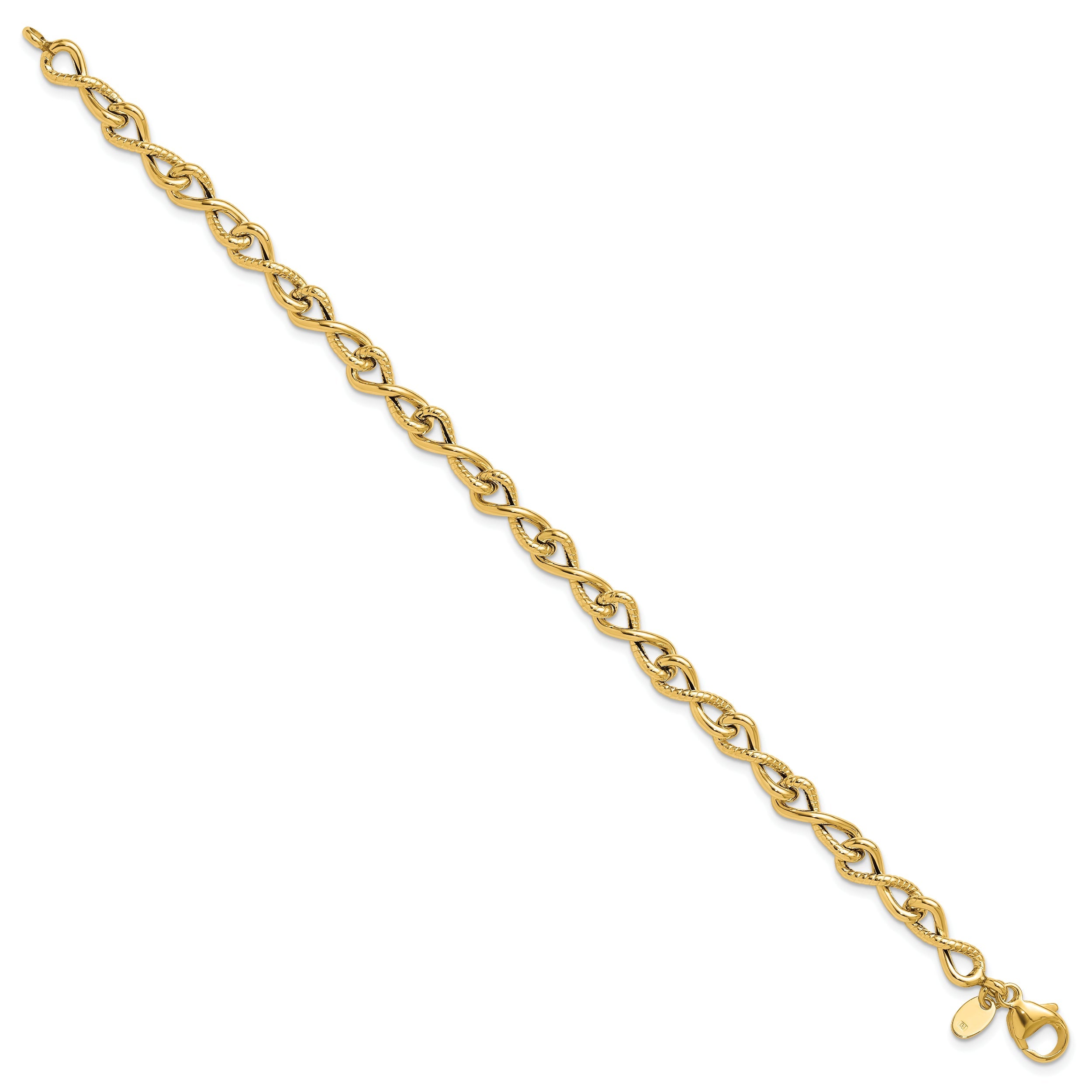 14K Yellow Gold Polished/Textured Twisted Infinity Link Bracelet