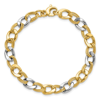 14K Two Tone Polished And Textured Fancy Link Bracelet