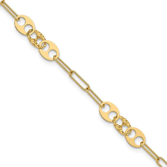 14K Yellow Gold Polished And Diamond Cut Fancy Link Bracelet