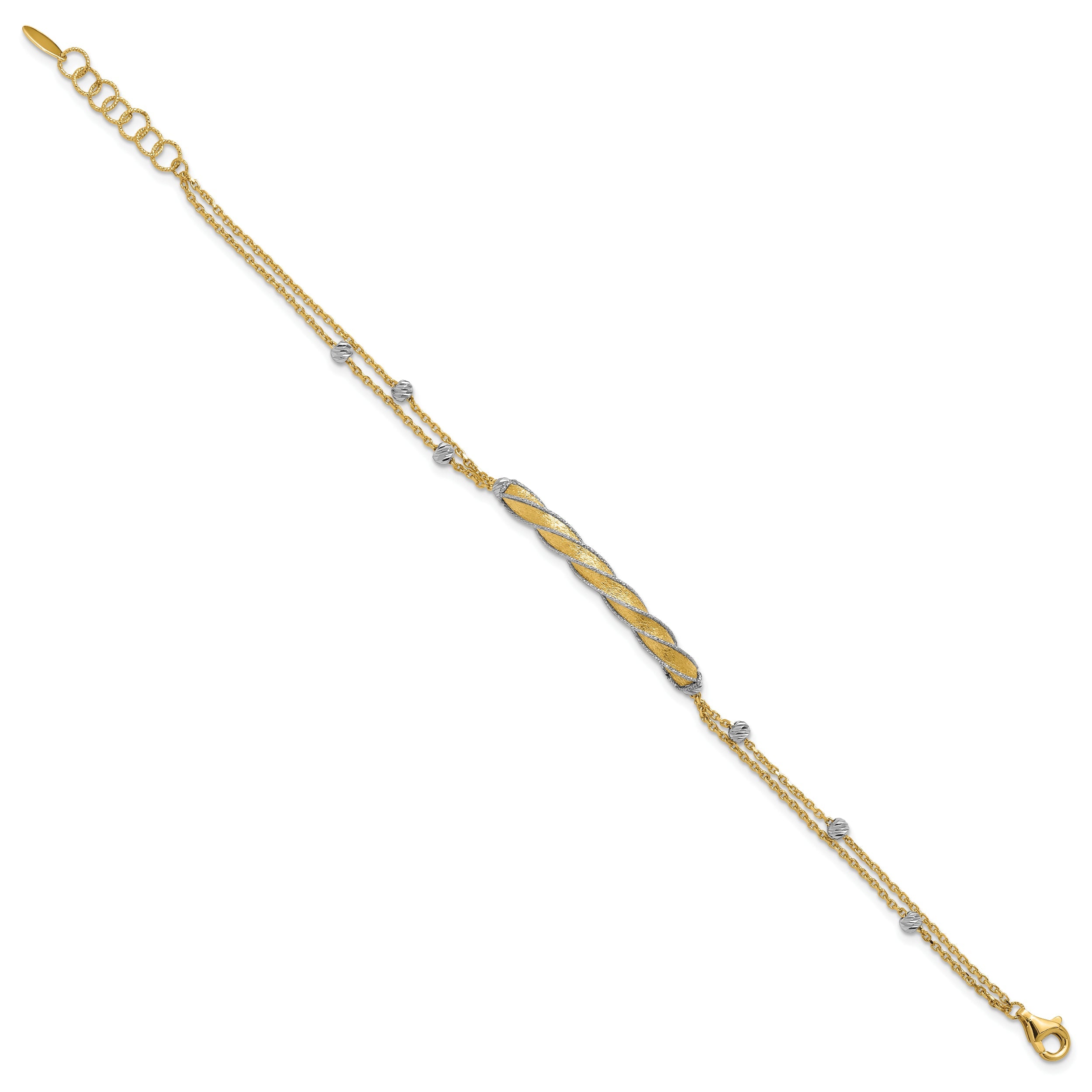 14K Two Tone Polish/Satin/Dia Cut Fancy Bar 1In Ext. Bracelet