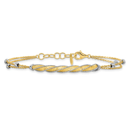 14K Two Tone Polish/Satin/Dia Cut Fancy Bar 1In Ext. Bracelet