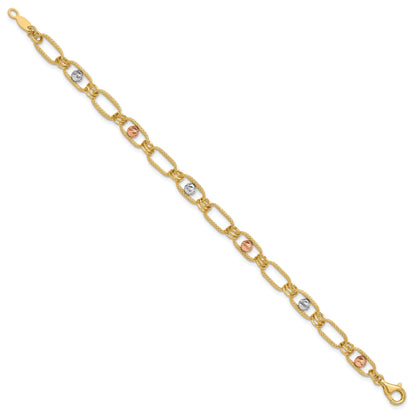 14K Tri Color Polished/Textured/Dia Cut Fancy Link Bracelet
