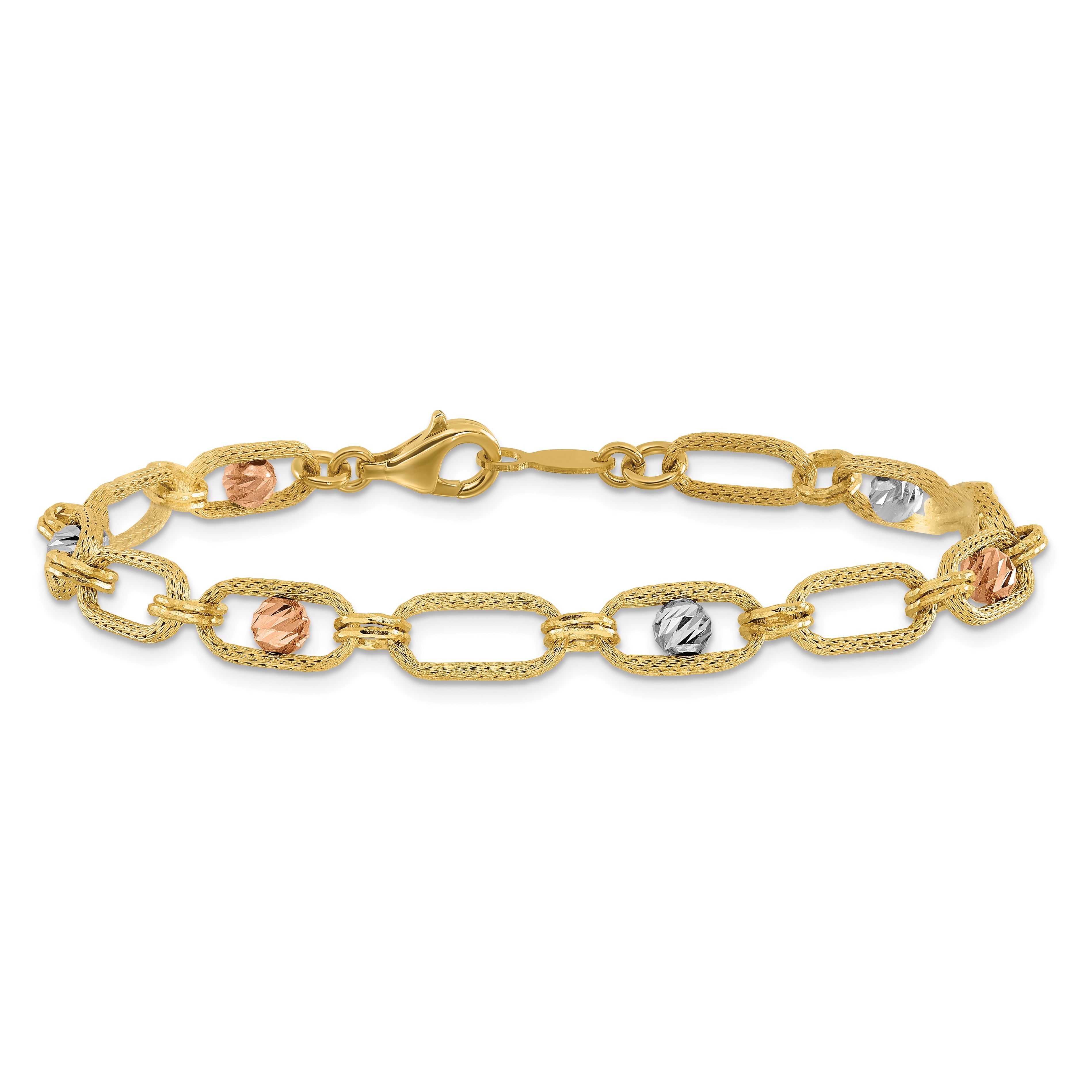 14K Tri Color Polished/Textured/Dia Cut Fancy Link Bracelet
