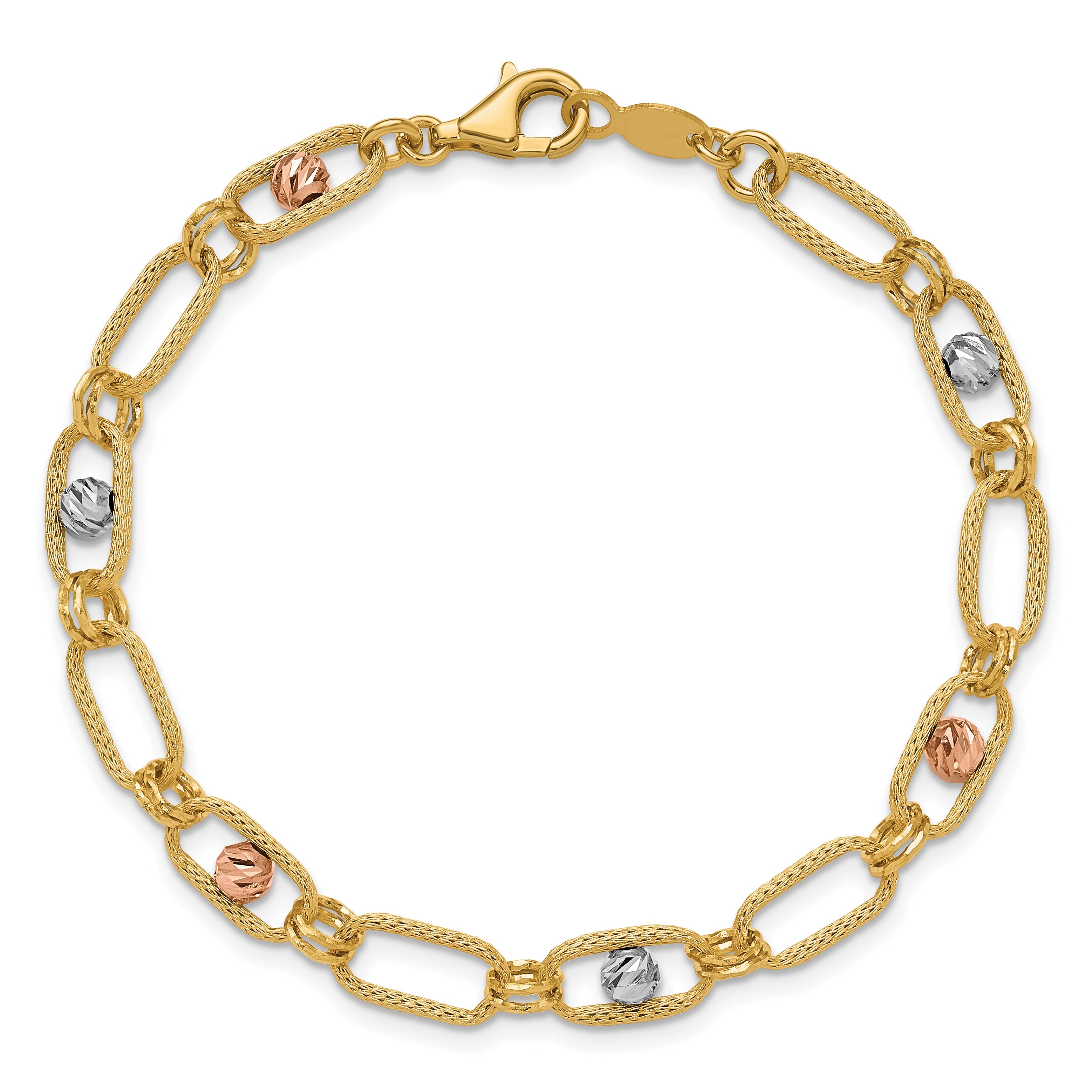 14K Tri Color Polished/Textured/Dia Cut Fancy Link Bracelet
