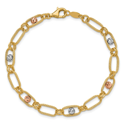 14K Tri Color Polished/Textured/Dia Cut Fancy Link Bracelet