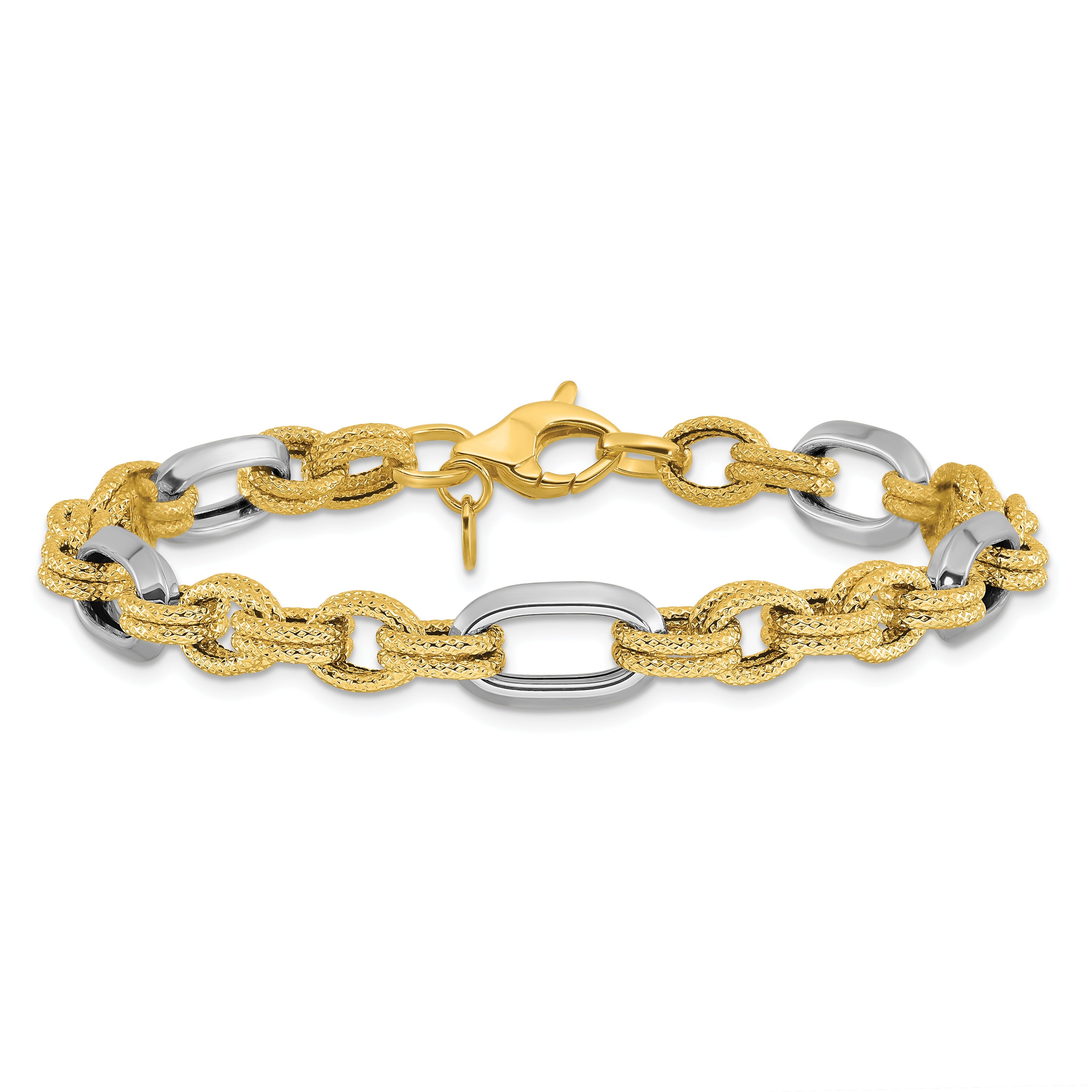 14K Two Tone Polished And Textured Fancy Link Bracelet