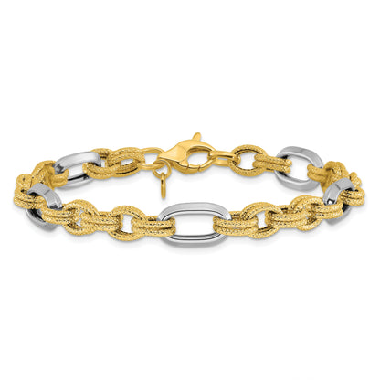 14K Two Tone Polished And Textured Fancy Link Bracelet
