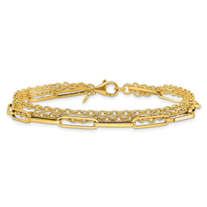 14K Yellow Gold Polished 3 Strand Fancy Link Bracelet