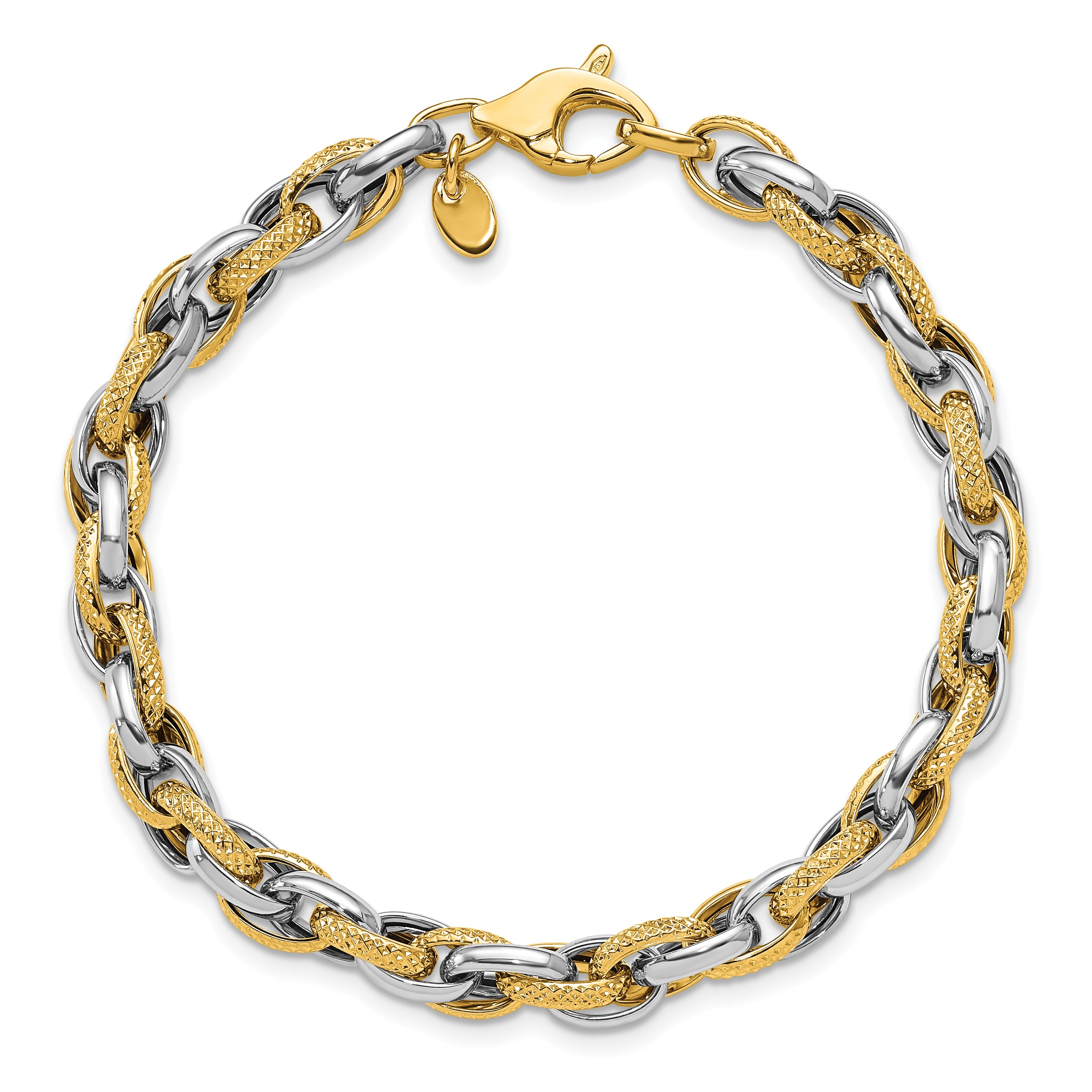 14K Two Tone Polished And Textured Fancy Link Bracelet
