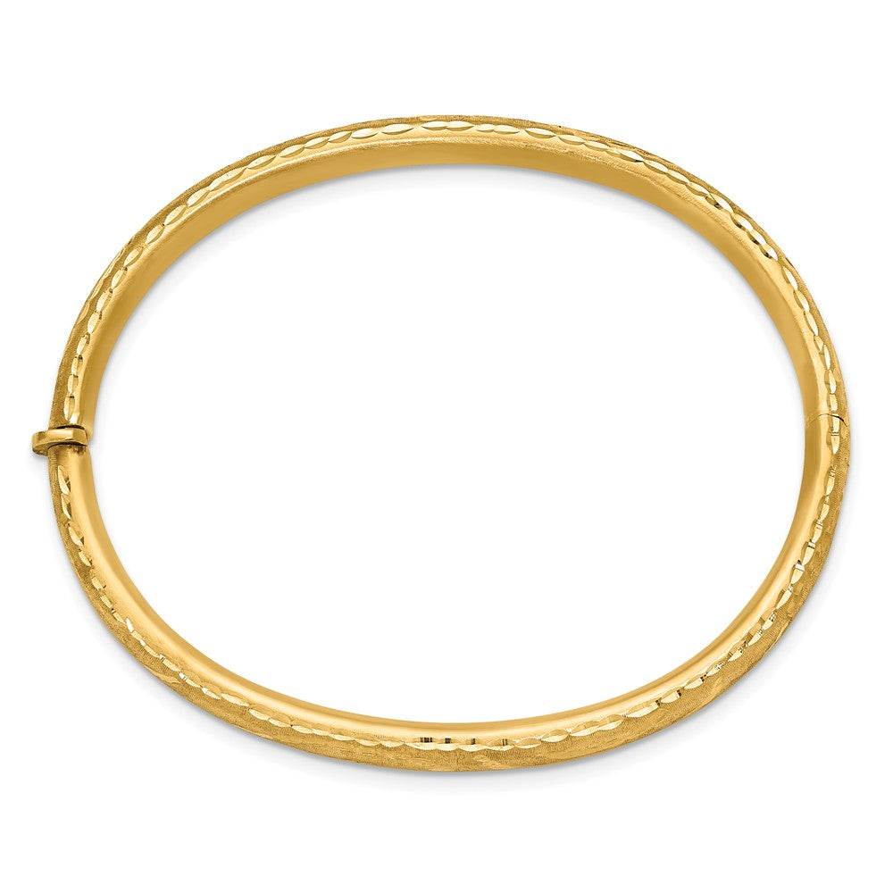 14K Yellow Gold Satin And Diamond Cut Hinged Bangle