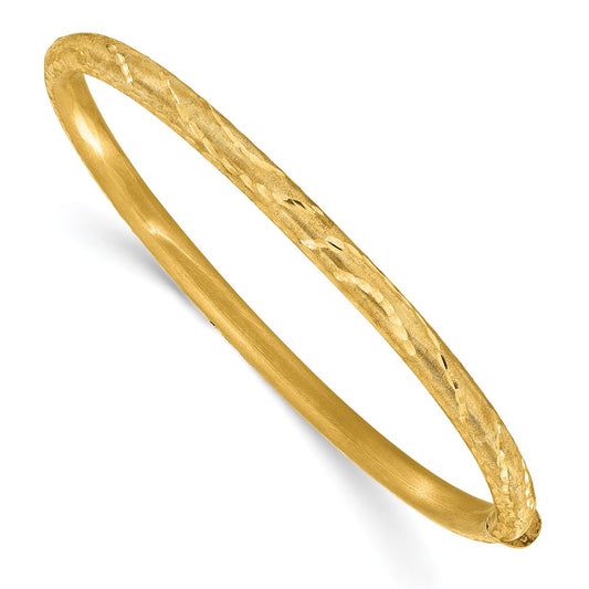14K Yellow Gold Satin And Diamond Cut Hinged Bangle