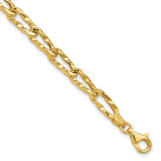 14K Yellow Gold Polished And Hammered Fancy Link Bracelet