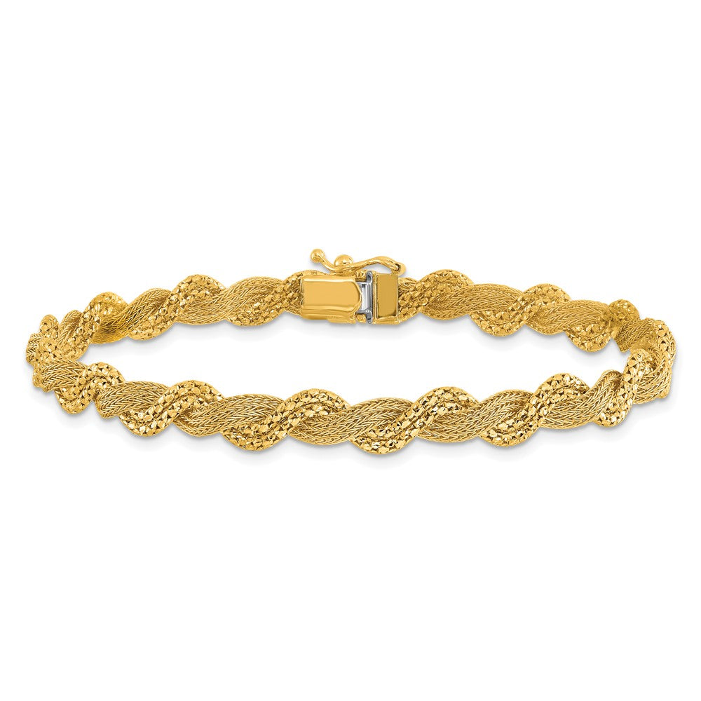 14K Yellow Gold Polished/Textured And Diamond Cut Twisted Bracelet
