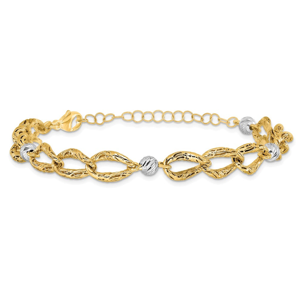 14K Two Tone Polished/Textured/Dia Cut 2In Ext. Bracelet