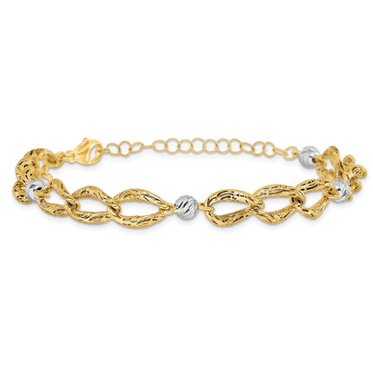 14K Two Tone Polished/Textured/Dia Cut 2In Ext. Bracelet
