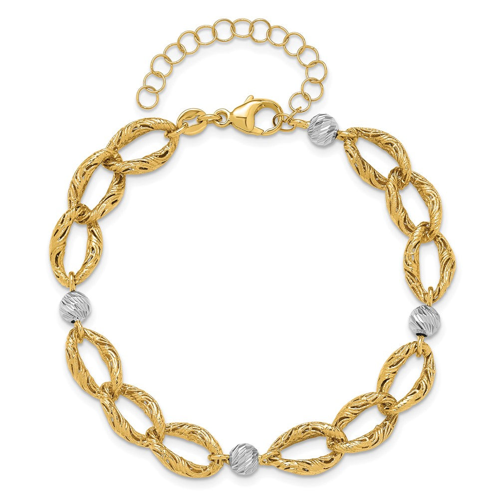 14K Two Tone Polished/Textured/Dia Cut 2In Ext. Bracelet