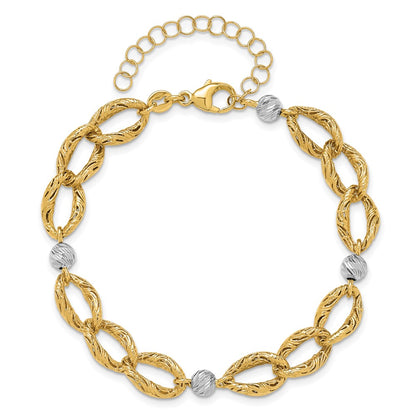 14K Two Tone Polished/Textured/Dia Cut 2In Ext. Bracelet