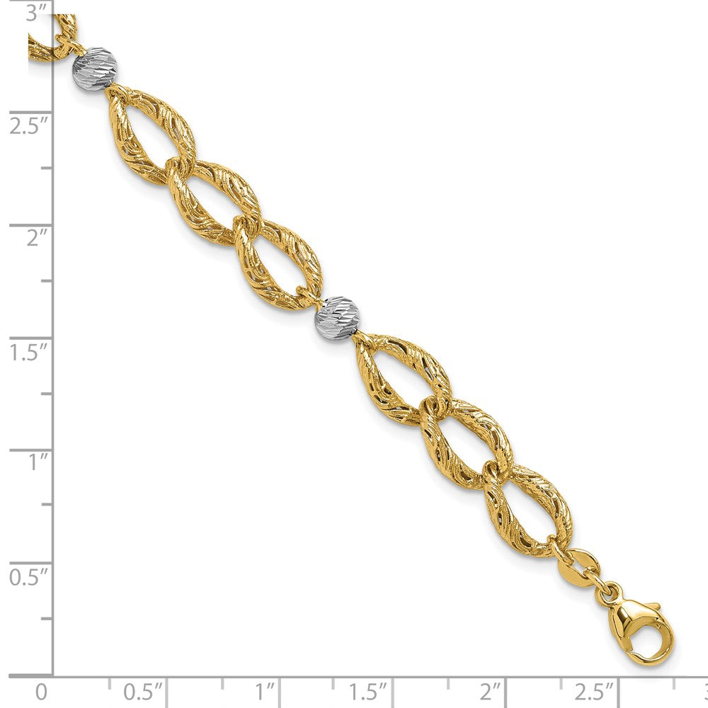 14K Two Tone Polished/Textured/Dia Cut 2In Ext. Bracelet