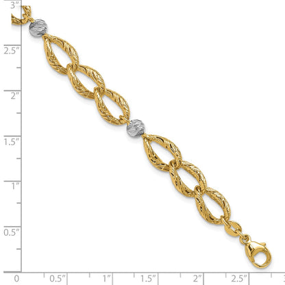 14K Two Tone Polished/Textured/Dia Cut 2In Ext. Bracelet