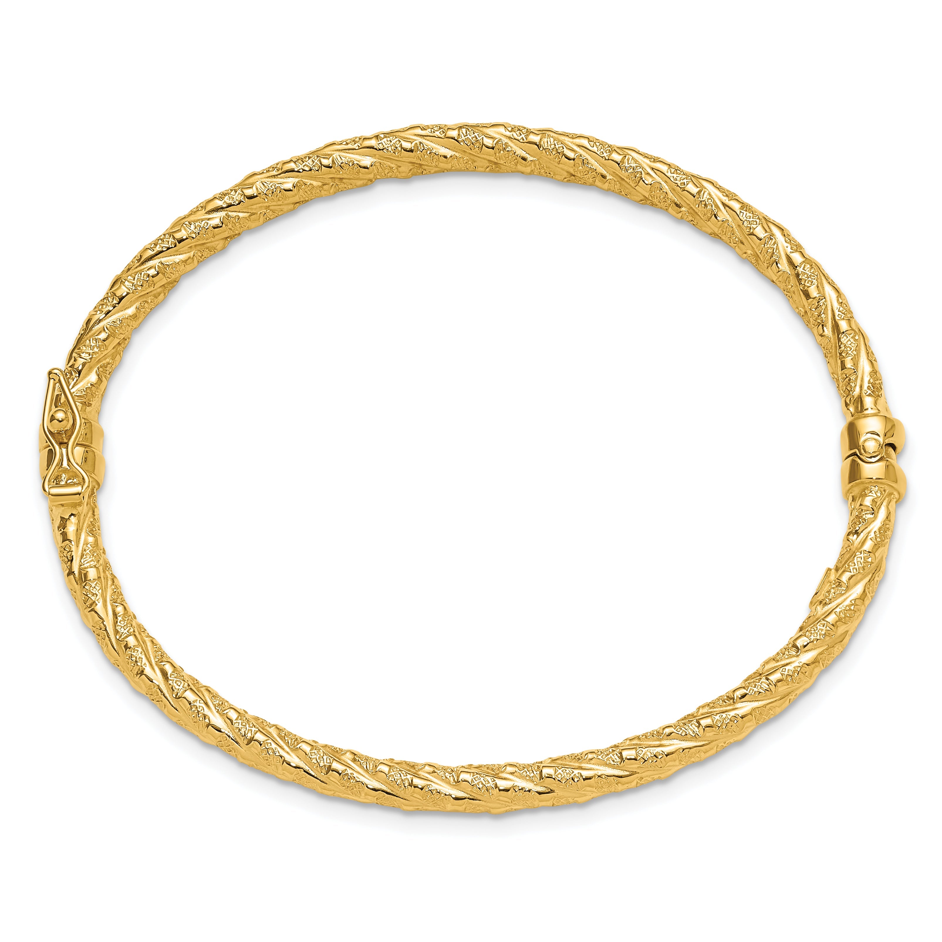 14K Yellow Gold Polished And Textured Twisted Hinged Bangle