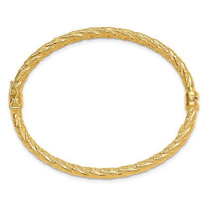 14K Yellow Gold Polished And Textured Twisted Hinged Bangle