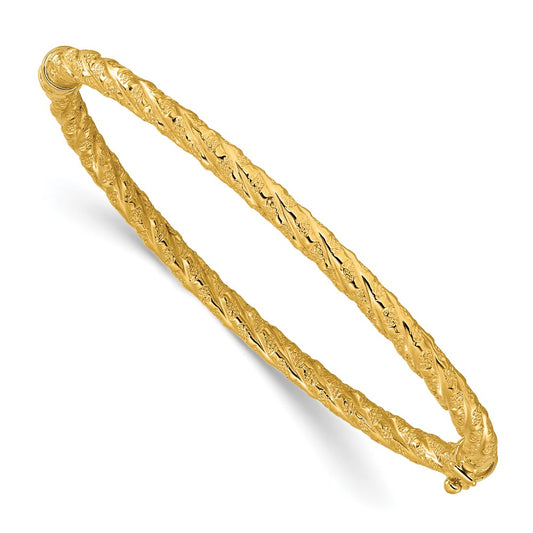 14K Yellow Gold Polished And Textured Twisted Hinged Bangle