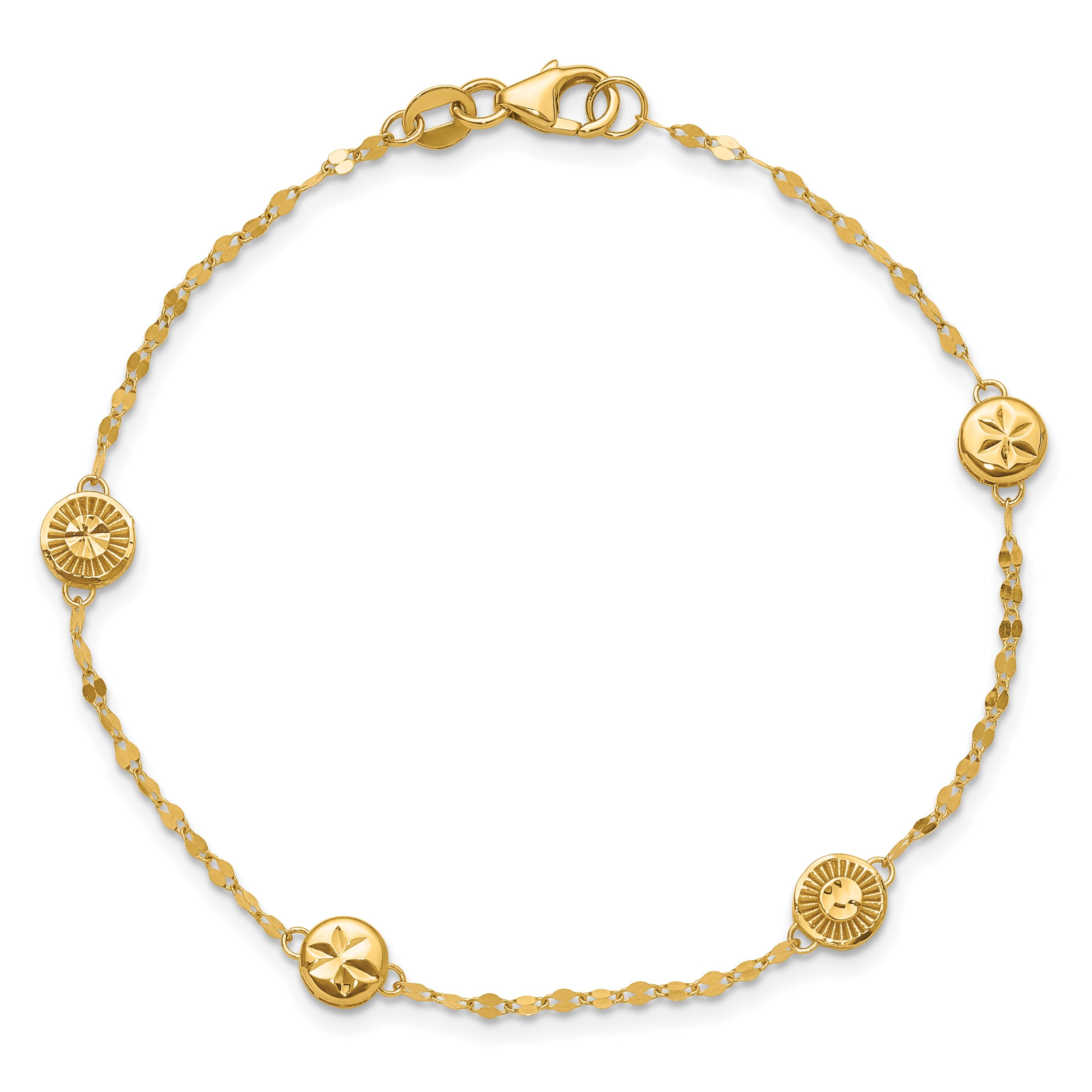 14K Yellow Gold Polished And Diamond Cut Disc Design Bracelet