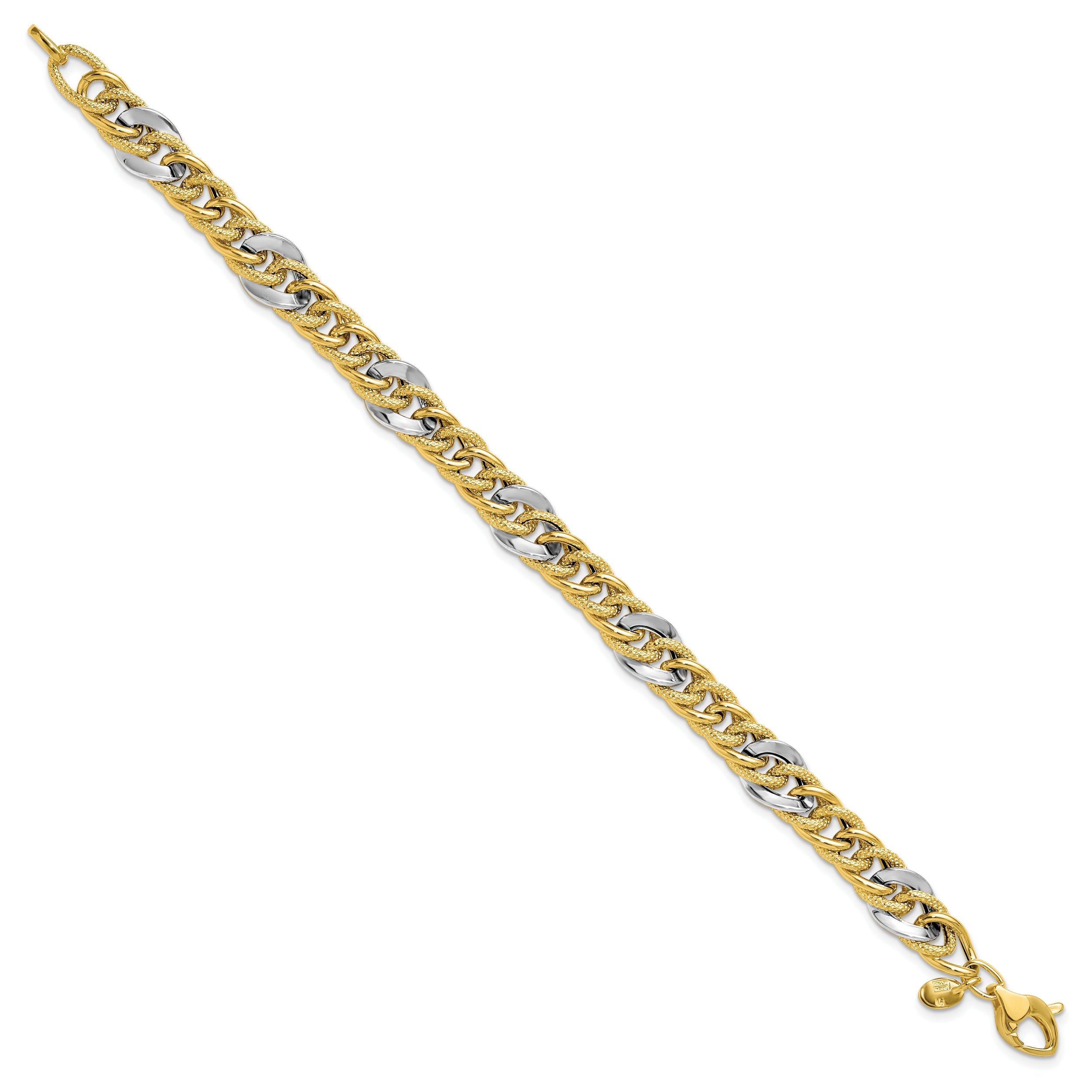 14K Two Tone Polished And Textured Fancy Link Bracelet