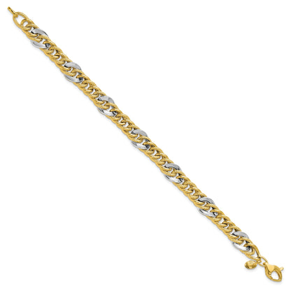 14K Two Tone Polished And Textured Fancy Link Bracelet