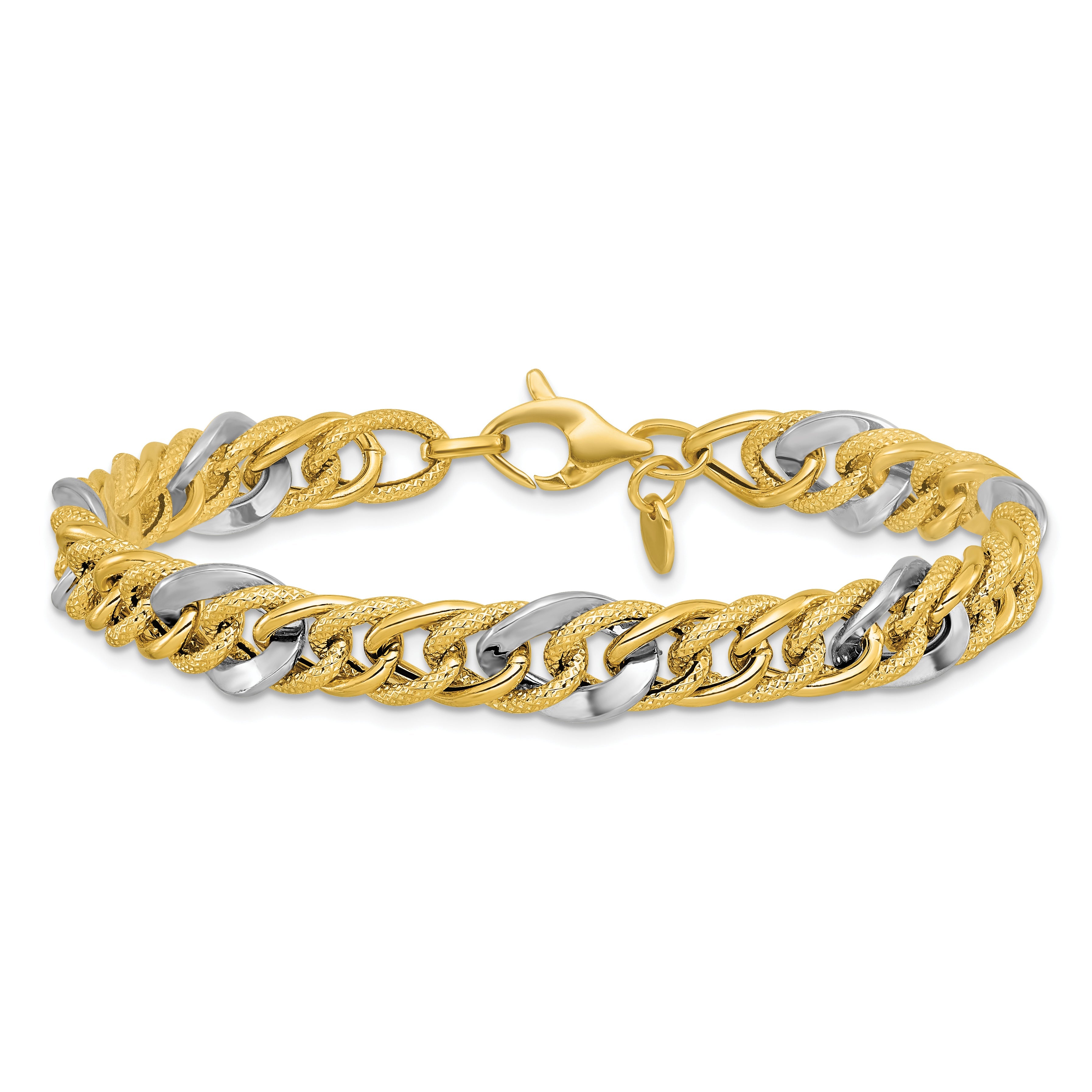 14K Two Tone Polished And Textured Fancy Link Bracelet
